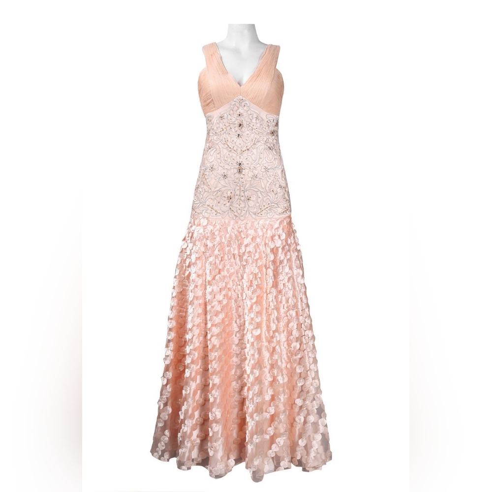 Sue Wong Ruched Bust Embroidered Bodice Ribbon Detail Satin and Mesh Dress